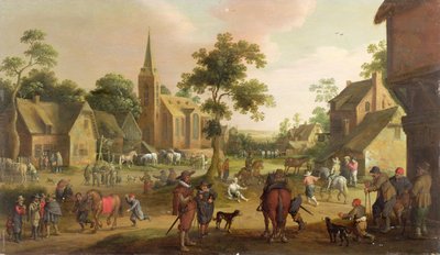 Viajeros, mendigos y tratantes de caballos en un pueblo de Joost Cornelisz. Droochsloot