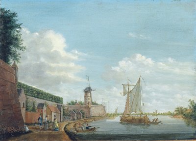 Un paisaje fluvial con elegantes ciudadanos paseando junto a una muralla de la ciudad, c.1776 de Jordanus Hoorn