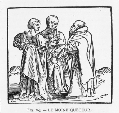 El monje Quetter: grabado en madera por Jörg Breu, formando el título de un folleto en el espíritu de la Reforma publicado alrededor de 1522 en Augsburgo: "Conversación amistosa entre un carmelita, de la provincia de Austria, y una sirvienta" de Jorg II Breu