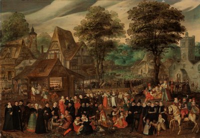 Festival de pueblo con figuras elegantemente vestidas en procesión, un río y una torre al fondo de Joris Hoefnagel