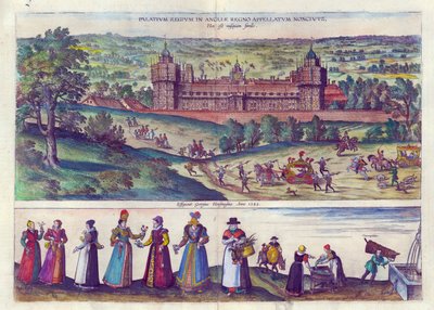 Llegada de la Reina Isabel I al Palacio de Nonesuch y hombres y mujeres de la sociedad Tudor, 1598 de Joris Hoefnagel