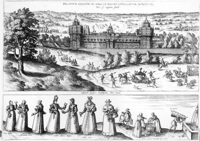 Llegada de la Reina Isabel I al Palacio de Nonesuch y hombres y mujeres de la sociedad Tudor, 1582 de Joris Hoefnagel