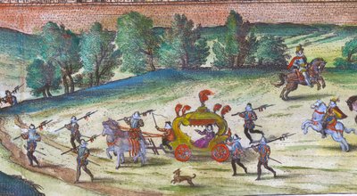 Llegada de la Reina Isabel I al Palacio de Nonesuch con sus cortesanos, guardias y perros, 1598 (detalle) de Joris Hoefnagel