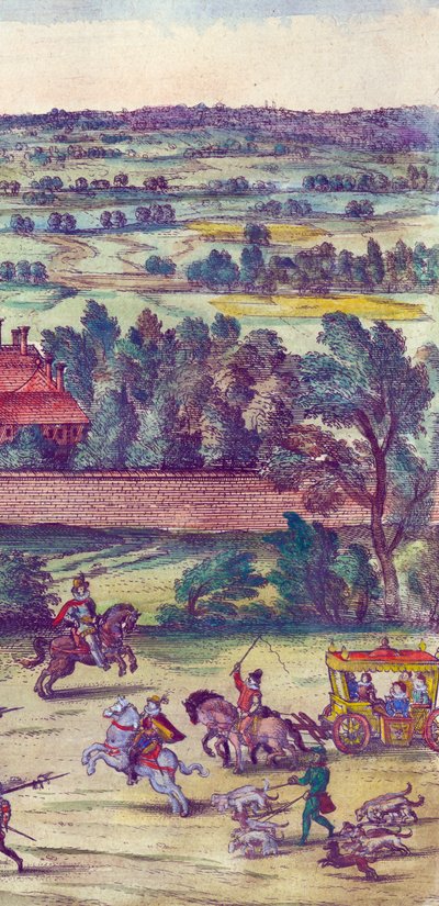 Cortesanos y perros de caza acompañando la llegada de la Reina Isabel I al Palacio de Nonsuch, 1598 (detalle) de Joris Hoefnagel