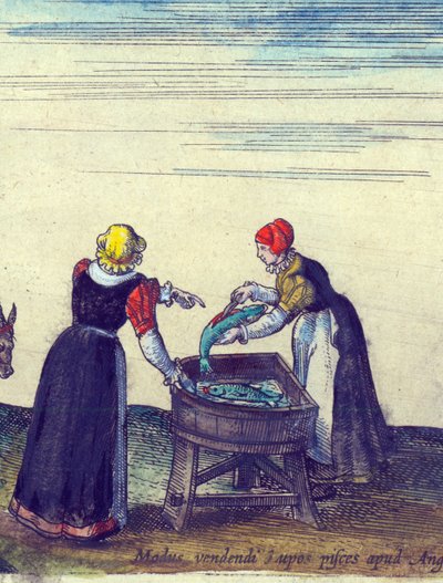 Vendedoras de pescado vendiendo y destripando lucios, 1598 (detalle) de Joris Hoefnagel