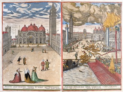 Venecia, Italia: iglesia de San Marcos y el incendio en el palacio del Dogo veneciano en 1577 (dibujo) de Joris Hoefnagel