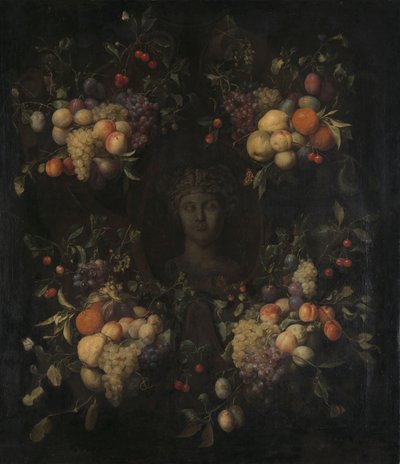 Cabeza esculpida simulada de una mujer en una cartela decorada con hileras de frutas de Joris van Son