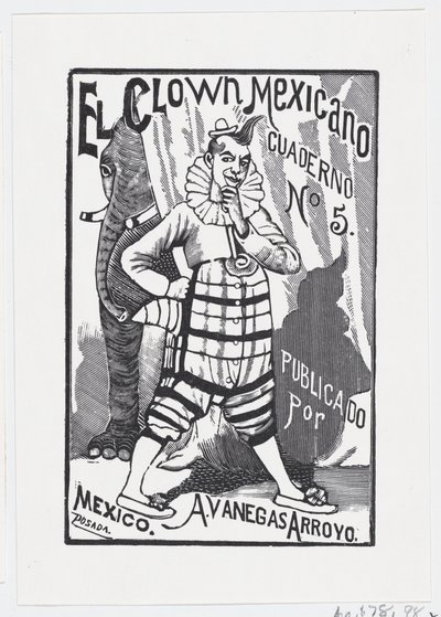 Un payaso de pie con una mano en la cadera y un elefante asomando por detrás..., ca. 1880-1910 de José Guadalupe Posada