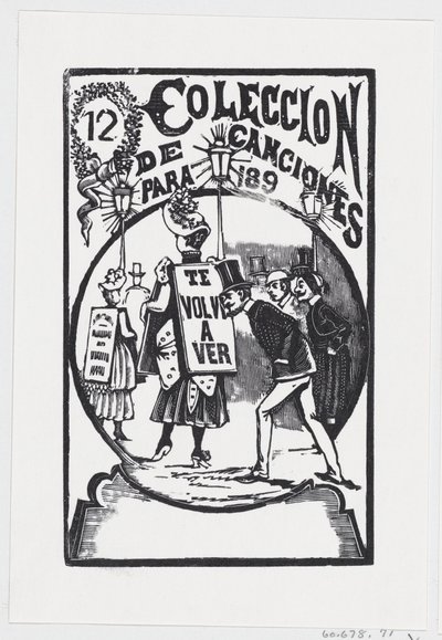 Un hombre agachado para mirar a una mujer con un cartel en la espalda, ilustración para, ca. 1890 de José Guadalupe Posada
