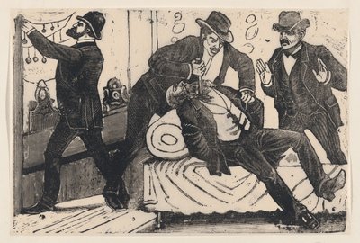 Un hombre apuñalando a otro hombre en el pecho mientras sus asociados saquean una tienda, ca. 1890-1891 de José Guadalupe Posada