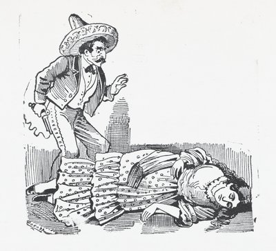 Un hombre con un arma de pie sobre una mujer a la que acaba de disparar, ca. 1880-1910 de José Guadalupe Posada