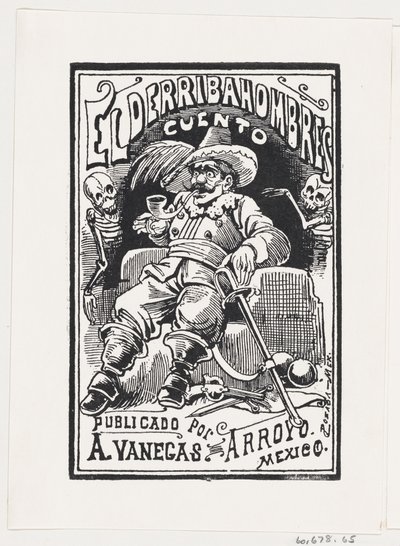 Un hombre con armas y una pipa en la boca flanqueado por dos esqueletos, ilustración..., ca. 1880-1910 de José Guadalupe Posada