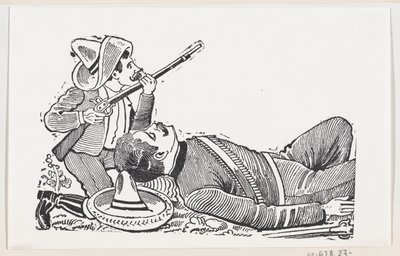 Un revolucionario sosteniendo un rifle y arrodillado para proteger a un revolucionario caído, c. 1880-1910 de José Guadalupe Posada