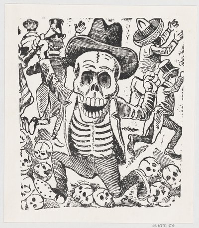Un esqueleto sosteniendo un hueso y saltando sobre una pila de cráneos mientras la gente huye, ca. 1907 de José Guadalupe Posada