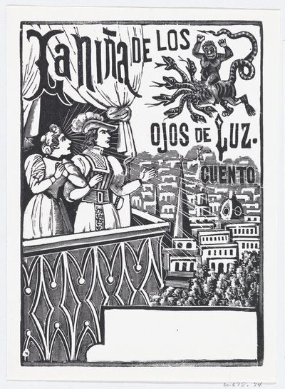 Una mujer y un hombre de pie en un balcón mirando a un monstruo volador en el cielo..., ca. 1880-1910 de José Guadalupe Posada
