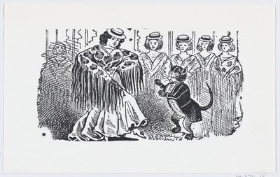 Una mujer bailando con un gato con traje de José Guadalupe Posada