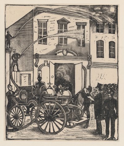 Bomberos apagando un incendio en una casa, camión de bomberos en primer plano, ca. 1880-1910 de José Guadalupe Posada