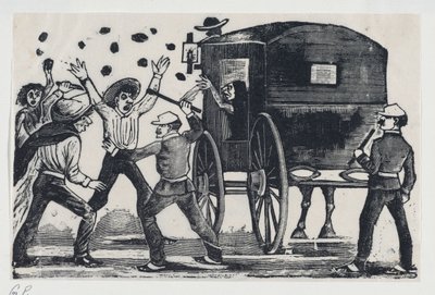 Hombres peleando cerca de un caballo y un carruaje de José Guadalupe Posada