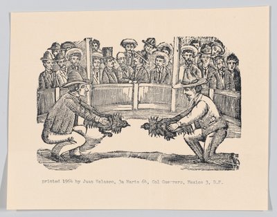 Dos hombres en una arena sosteniendo gallos en preparación para una pelea, ca 1890-1910 reimpreso 1964 de José Guadalupe Posada