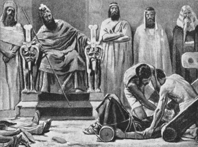 Sedequías es cegado y llevado a Babilonia, 586 a.C. (litografía) de Jose (after) Villegas y Cordero