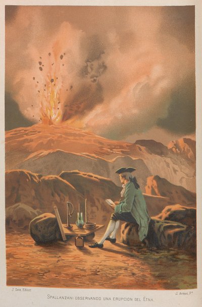 Lazzaro Spallanzani observando la erupción del Etna. De: La ciencia y sus hombres, 1879 de Jose Armet Portanell