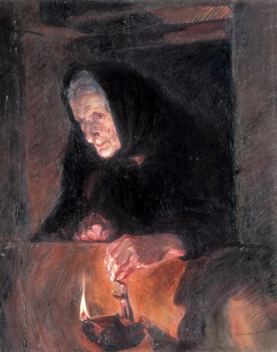 Anciana con la lámpara de aceite. Pintura de José BENLLIURE ORTIZ (1884-1916) Óleo sobre lienzo. Valencia. Museo de Bellas Artes San Pío V. de Jose Benlliure Ortiz