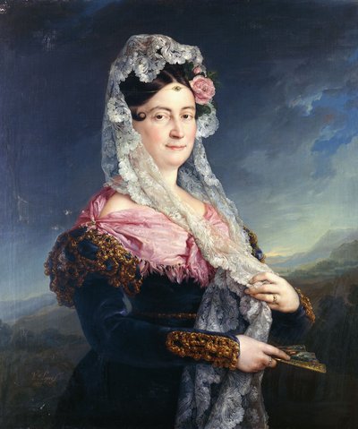 Retrato de Doña María de los Dolores Gómez de las Casas e Ibarrondo, la Primera Marquesa de Ulagares, de pie tres cuartos de longitud de Jose Camaron