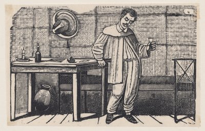 Un hombre con un vaso en la mano, mirando hacia abajo y apoyado en una mesa, una ilustración de «El huérfano» de José Guadalupe Posada
