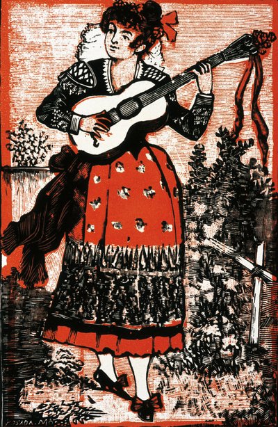 Portada de un cancionero que representa a una mujer mexicana con una guitarra. Grabado de José Guadalupe POSADA (1852-1913). Grabado de José Guadalupe Posada