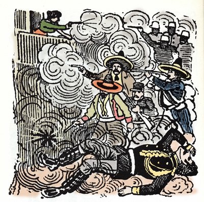 La Revolución Mexicana (1910-1920): asalto a la casa de Aquiles Serdán (1876-1910). Xilografía de José Guadalupe Posada (1852-1913). de José Guadalupe Posada