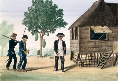 Un prisionero llevado por un policía y un concejal, del "Álbum Flebus de Vistas en y alrededor de Manila", c.1845 de Jose Honorato Lozano