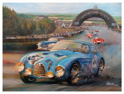 Juan Manuel Fangio en Le Mans 1950 Gordini Typr 18S (acrílico sobre lienzo) de Jose Maria Villafuerte