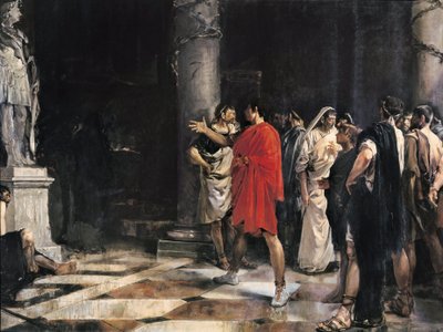 Julio César (Cayo Iulio César) (101-44 a.C.) de pie ante la estatua de Alejandro Magno en el templo de Hércules de Cádiz (Gadir) (óleo sobre lienzo) de Jose Morillo Ferrada