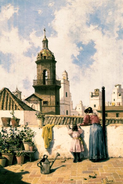 Azotea en Cádiz. Una madre y su hija probablemente regando las plantas con la regadera en medio de la terraza. Pintura de José Pérez Siguimboscum (siglo XIX), finales del siglo XIX. Óleo sobre lienzo. Cádiz, Museo Provincial de Cádiz. de Jose Perez Siguimboscum