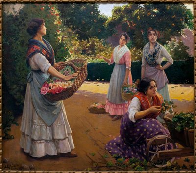 Floristas en el Parque de María Luisa - Pintura de José Rico Cejudo (1864-1939), Óleo sobre lienzo de Jose Rico y Cejudo