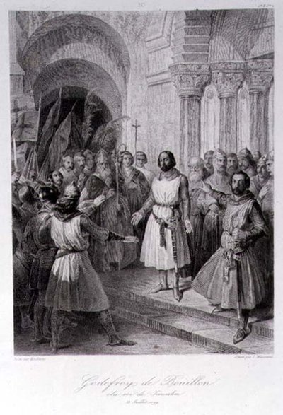 Godofredo de Bouillon elegido Rey de Jerusalén, grabado por Leopold Massard de Jose de (after) Madrazo y Garreta