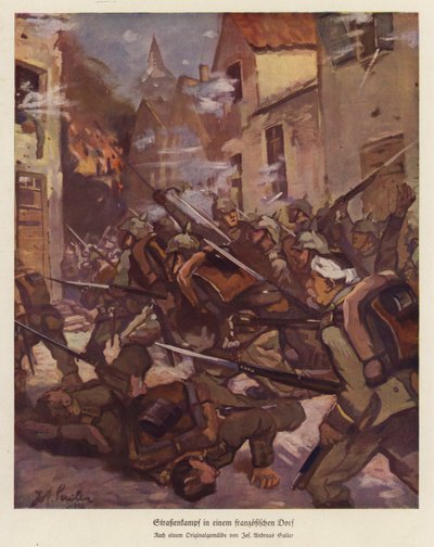 Batalla callejera en un pueblo francés, Primera Guerra Mundial (litografía en color) de Josef Andreas Sailer