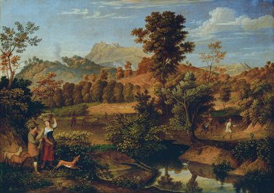 Paisaje italiano con un arado campesino (La Serpentara cerca de Olevano, Paisaje cerca de Paliano) de Josef Anton Koch