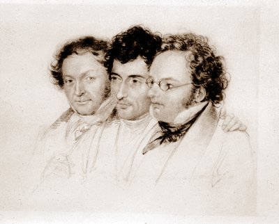 De izquierda a derecha: Jenger, Httenbrenner y F. Schubert. Acuarela de Feltscher de Josef Eduard Teltscher