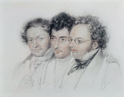 De izquierda a derecha, amigos de los compositores Johann Baptist Jenger (1793-1856), Anselm Huttenbrenner (1794-1868) y Franz Schubert (1797-1828), pastel de Josef Teltscher de Josef Eduard Teltscher