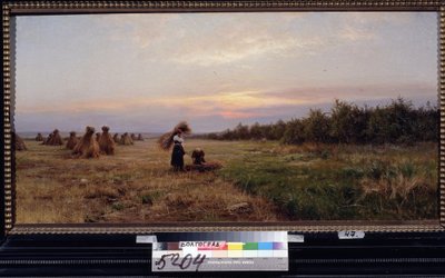 Cosecha a la luz del atardecer. (Cosecha en la luz de la tarde). Dos mujeres trabajando en un campo lleno de montones de heno. Pintura de Iosiph Evstafievich Krachkovsky (1854-1914), óleo sobre lienzo de Josef Evstafievich Krachkovsky