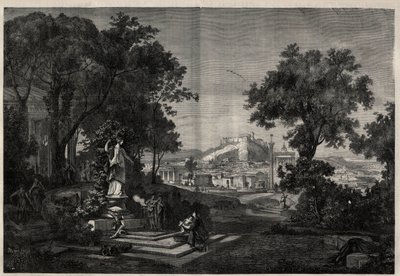 Grecia antigua: vista de los jardines de Venus en Atenas. Grabado después de una pintura de Joseph Hoffmann en “The Illustrous Universe” de Josef Hoffman