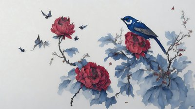 pintura a tinta: PEONY en azul_01 de Josef Johann Michel
