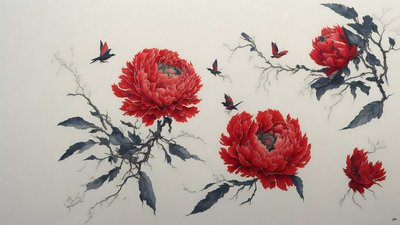 pintura a tinta: PEONY en rojo_01 de Josef Johann Michel