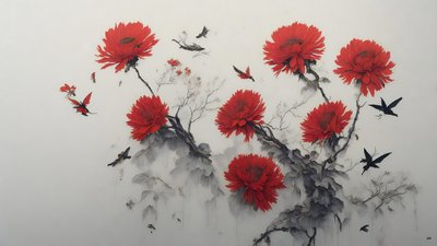 pintura a tinta: flor de crisantemo en rojo_01 de Josef Johann Michel