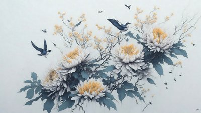 pintura a tinta: flor de crisantemo en blanco_02 de Josef Johann Michel