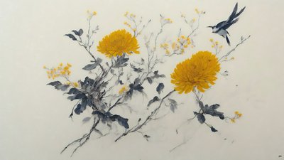 pintura a tinta: flor de crisantemo en amarillo_01 de Josef Johann Michel