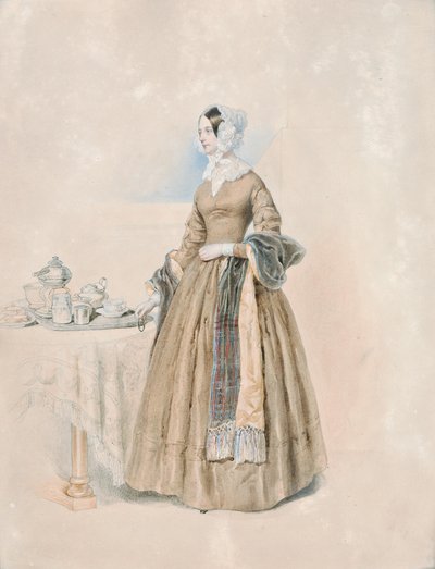 Retrato de la princesa Leopoldine Karoline Palffy, de soltera condesa Kaunitz-Rietberg (esposa del tercer príncipe Anton Karl Palffy), de pie ante una mesa de té puesta de Josef Kriehuber