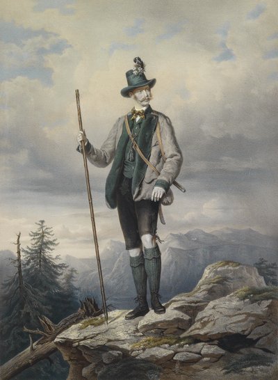 Retrato del joven emperador en traje de caza de Ischl, litografía coloreada por Kriehuber, 67 x 49 cm de Josef Kriehuber