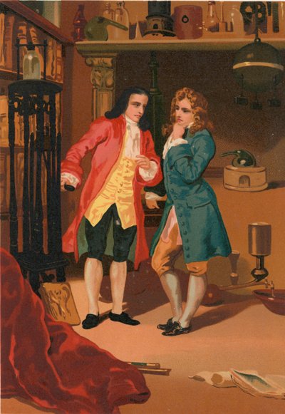 Robert Boyle y Denis Papin inspeccionan el digestor de vapor de Papin de Josep or Jose Planella Coromina